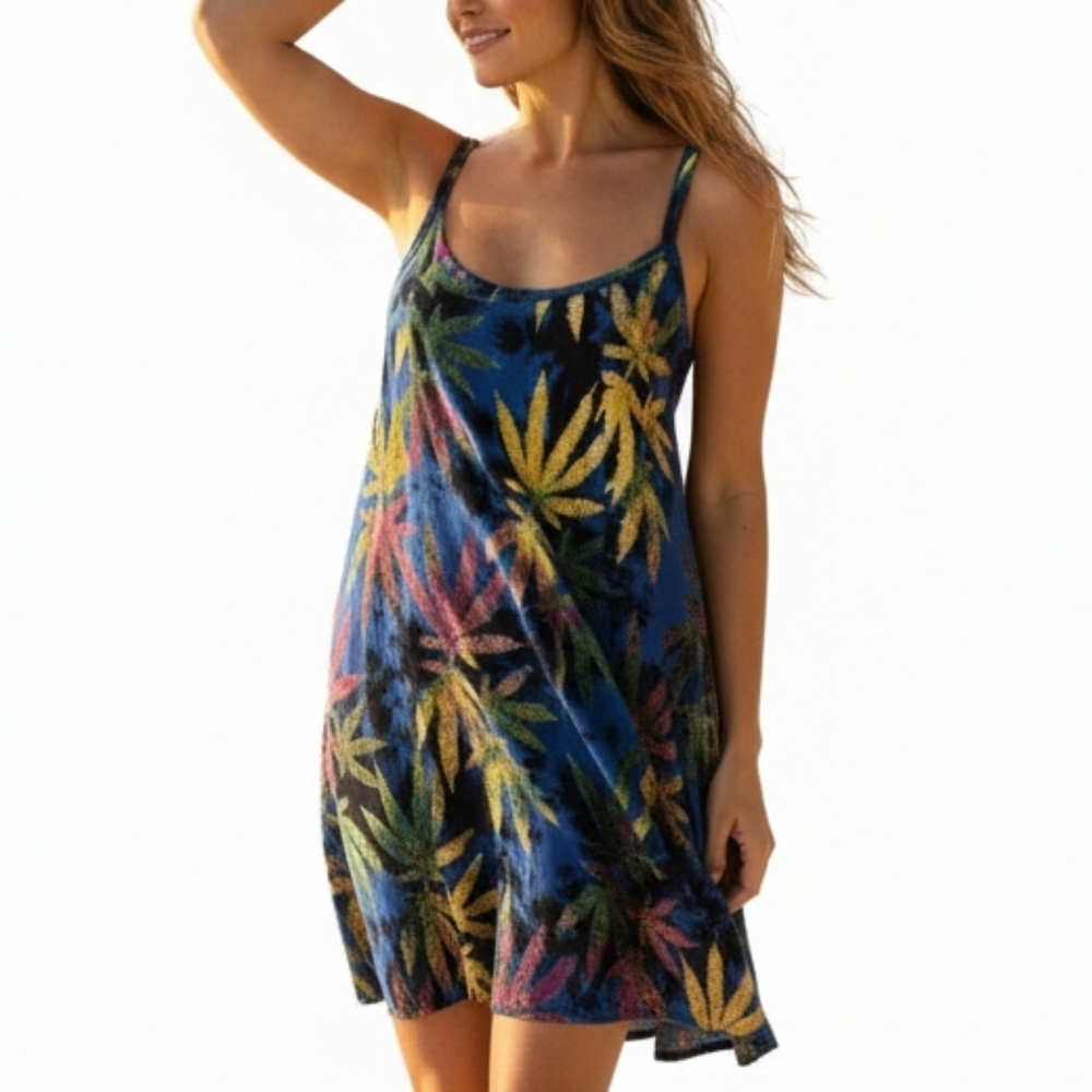 Cannabis Batik Beach Dress Tropical Earth Tone Boho Hawaiian Maxi Size M